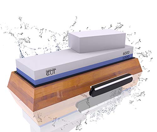 Knife Sharpening Stone Kit - 2 Side Whetstone Set 1000/6000 Grit Sharpening and Honing Waterstone Best Wet Sharpener for Chefs and Kitchen Knife Anti-slip Base Angle Guide & Flattening Stone