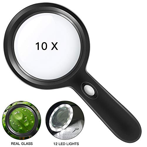 Lighted Magnifying Glass-10X Handheld Reading Magnifier Glass with 12 LED Lights for Seniors & Kids- Large and Real Magnifying Lens for Seniors Reading, Soldering, Inspection, Coins, Jewelry, Explorin