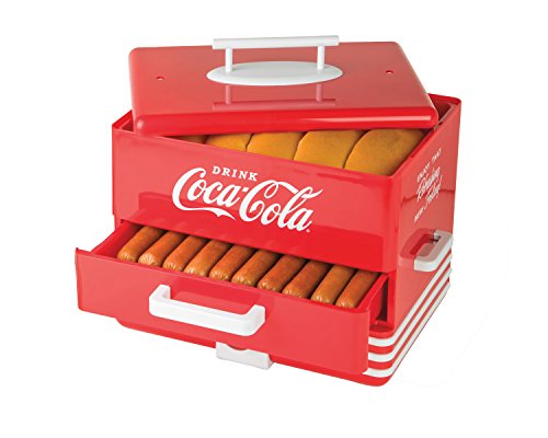 Nostalgia HDS248COKE Large Coca-Cola Diner-Style Steamer, 24 Hot Dogs and 12 Bun Capacity, Perfect For Breakfast Sausages, Brats, Vegetables, Fish, Red