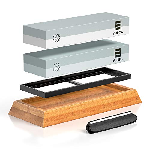 Premium Knife Sharpening Stone Kit, ASEL 4 Side 400/1000 2000/5000 Grit Whetstone, Best Kitchen Blade Sharpener Stone, Non-Slip Bamboo Base and Bonus Angle Guide Included
