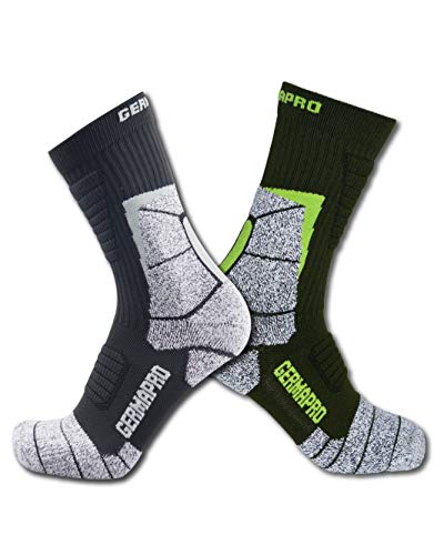 GermaPro Mens Hiking Socks Outdoor Work Boot Socks w/Anti-Odor-Blister Moisture Wicking Germanium & Coolmax All Season (X-Large, 1 Green + 1 Dark Grey Pack)