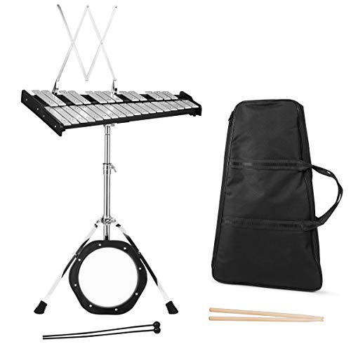Giantex Percussion Glockenspiel Bell Kit 30 Notes, with Electroplated Adjustable Height Frame, Music Stand, an 8" Practice Pad, and a Pair of Bell Mallets & Wooden Drumsticks, Carrying Bag