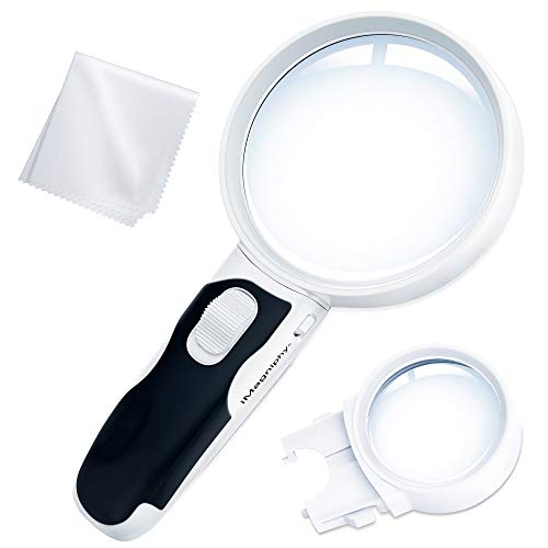 iMagniphy LED Illuminated Magnifying Glass Set. Best Magnifier with Lights for Seniors, Macular Degeneration, Reading and Hobbyists (2-Lens (10X + 5X))