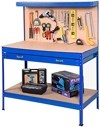 Goplus Steel Workbench Tool Storage Work Bench Workshop Tools Table W/Drawer and Peg Board (Blue)