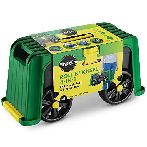 Miracle-Gro 4-in-1 Garden Stool – Multi-Use Garden Scooter with Seat – Rolling Cart with Storage Bin – Padded Kneeler and Tool Storage - Accessible Gardening for All Ages