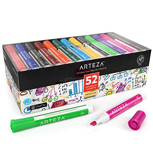 ARTEZA Dry Erase Markers, Bulk Pack of 52 (with Chisel Tip), 12 Assorted Colors with Low-Odor Ink, Whiteboard Pens are perfect for School, Office, or Home