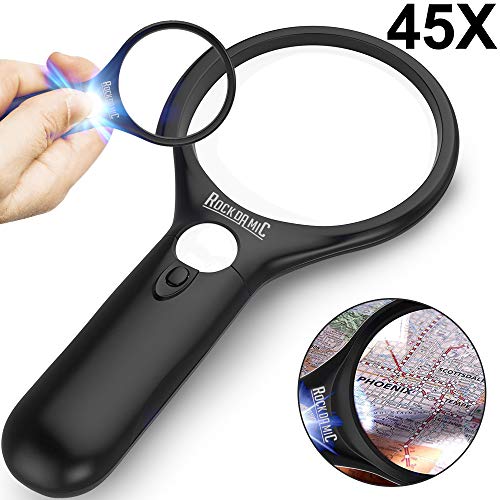 RockDaMic Magnifying Glass 45x 3X [w/ 3 LED Lights] Premium Quality Handheld Magnifier with Light for Kids Reading, Exploring, Inspection