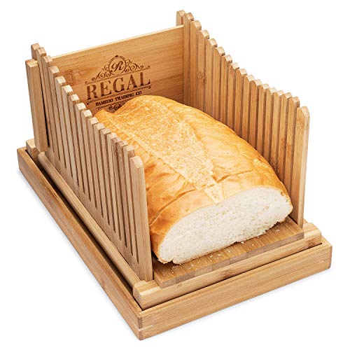 REGAL Bamboo Premium Bread Slicer - Slicing Guide - Bamboo Bread Cutter for Homemade Bread, Bagels, Cakes - Compact and Foldable with Crumb Tray