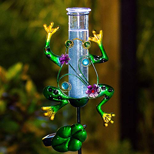 BOAER Solar Powered Rain Gauge Outdoor,Metal Frog Figurine Stake for Garden, LED Lights Glass Tube (Solar Rain Gauge)