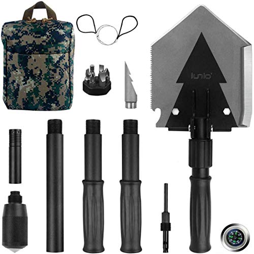 iunio Folding Shovel, Survival Multitool, Foldable Entrenching Tool, Portable Collapsible Spade, Off-Roading E-Tool Kit, for Camping, Backpacking, Trenching, Car Emergency