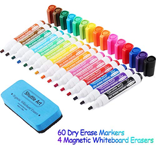 Dry Erase Markers with Eraser, 60 Pack Shuttle Art 15 Colors White Board Markers and Eraser, Low-Odor, Chisel Tip Usable on Whiteboard Surface for School Office Home