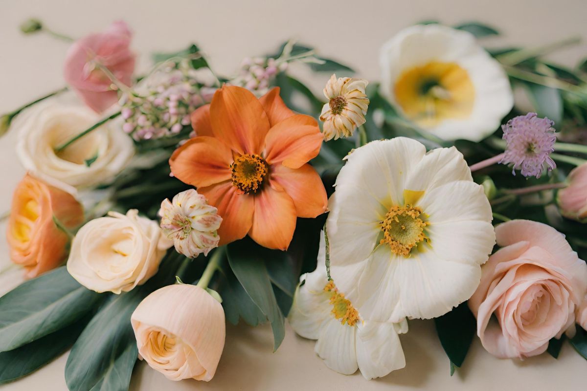 flowers on a table with orange, white and pink colors