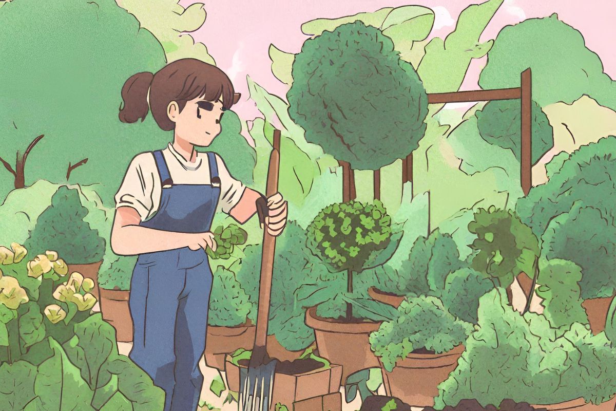 animated girl holding gardening tools in her garden