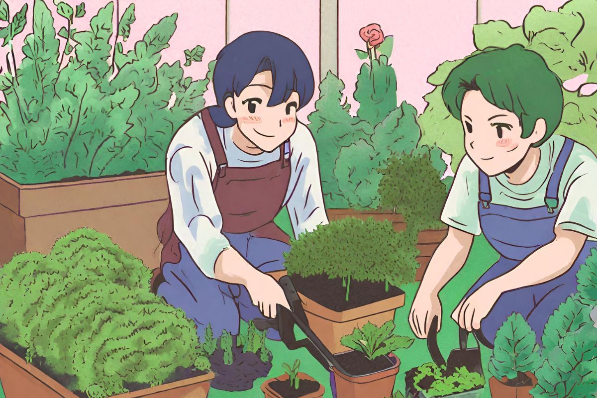 2 gardeners teaching each other tips, animated